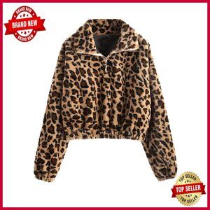 Long Sleeve Lapel Half Zip Faux Fur Sweatshirt Crop Pullover Casual Fashion